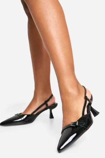 Wide Fit Patent Buckle Detail Slingback Kitten Heel Courts black