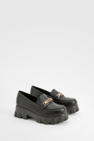 Wide Fit Chunky Cleated Sole T Bar Loafers black