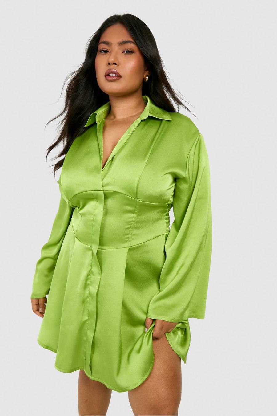 Chartreuse Plus Satin Corset Detail Flared Sleeve Shirt Dress