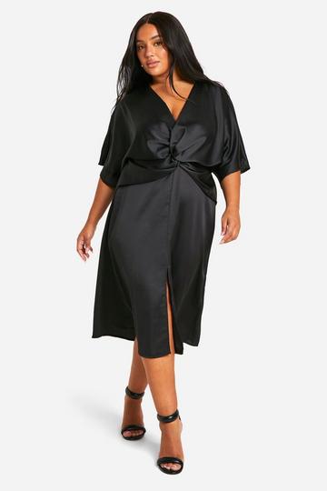 Plus Satin Twist Front Angel Sleeve Midi Dress black