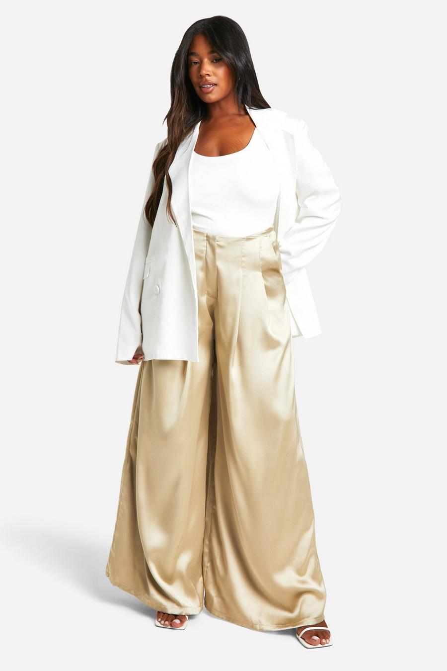 Champagne Plus Satin Pleat Detail Tailored Wide Leg Pants image number 1