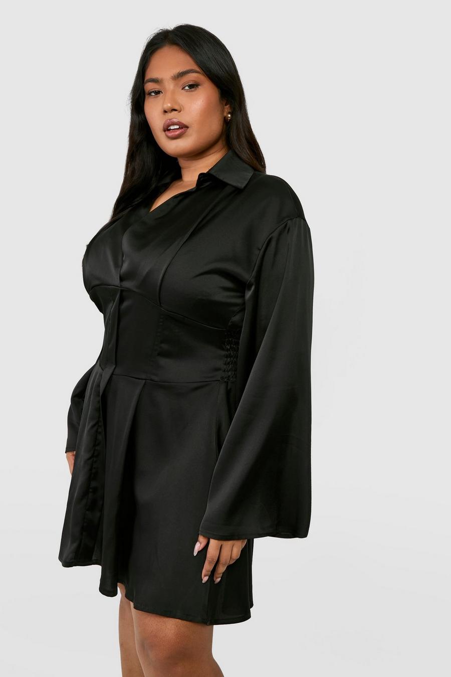 Black Plus Satin Corset Detail Flared Sleeve Shirt Dress 