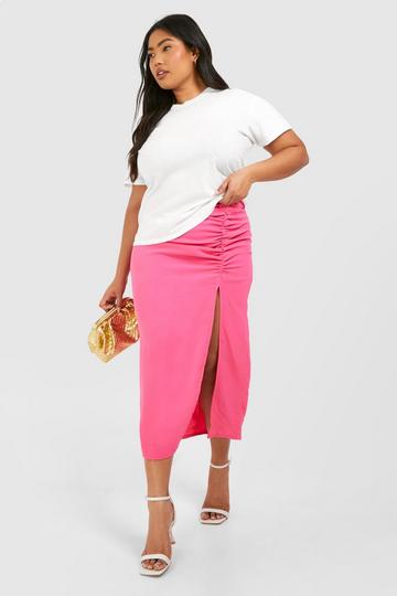 Plus Textured Woven Ruched Side Split Midaxi Skirt bright pink