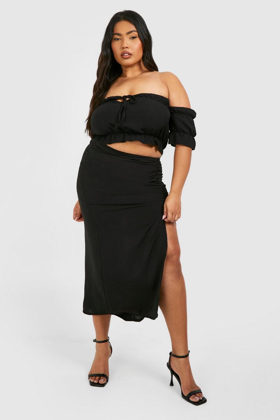 Black Plus Textured Woven Ruched Side Split Midi Skirt image number 1