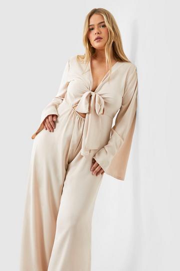 Plus Woven Knot Front Plunge Wide Leg Jumpsuit beige