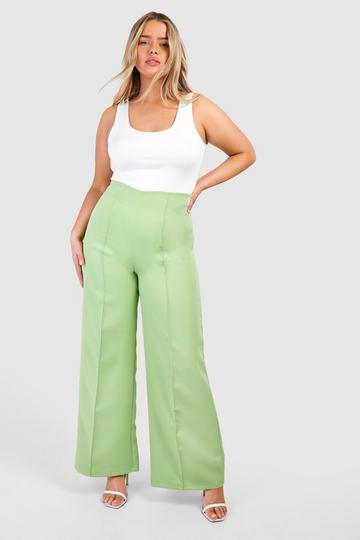 Sage Green Plus Woven Front Seam Detail Wide Leg Pants