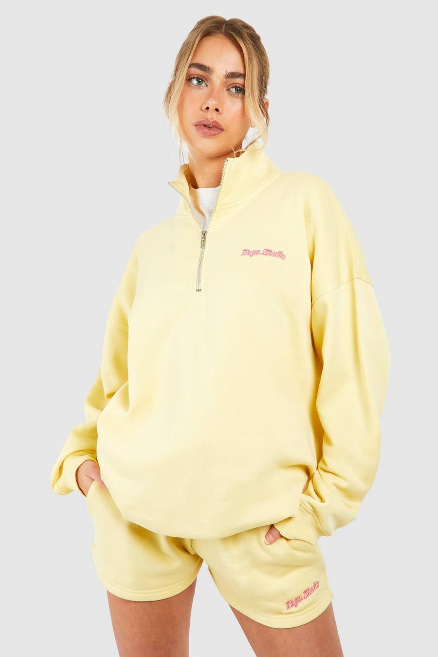 Oversize Sweatshirt mit Dsgn Studio Schriftzug und halbem Reißverschluss, Lemon