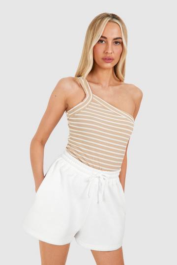 Stone Beige Tall Ribbed Striped One Shoulder Bodysuit