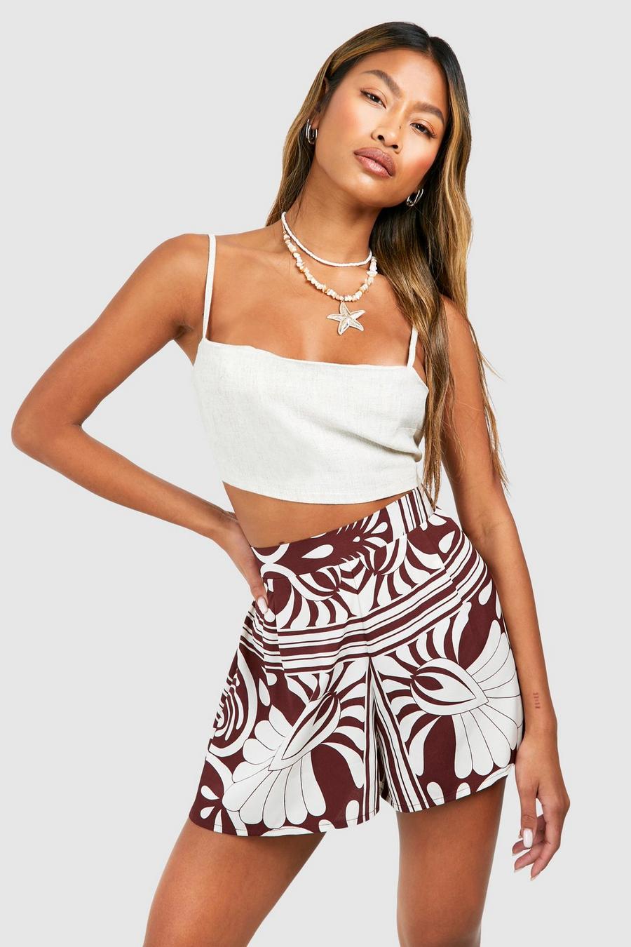 Dark brown Abstract Flowy Shorts image number 1