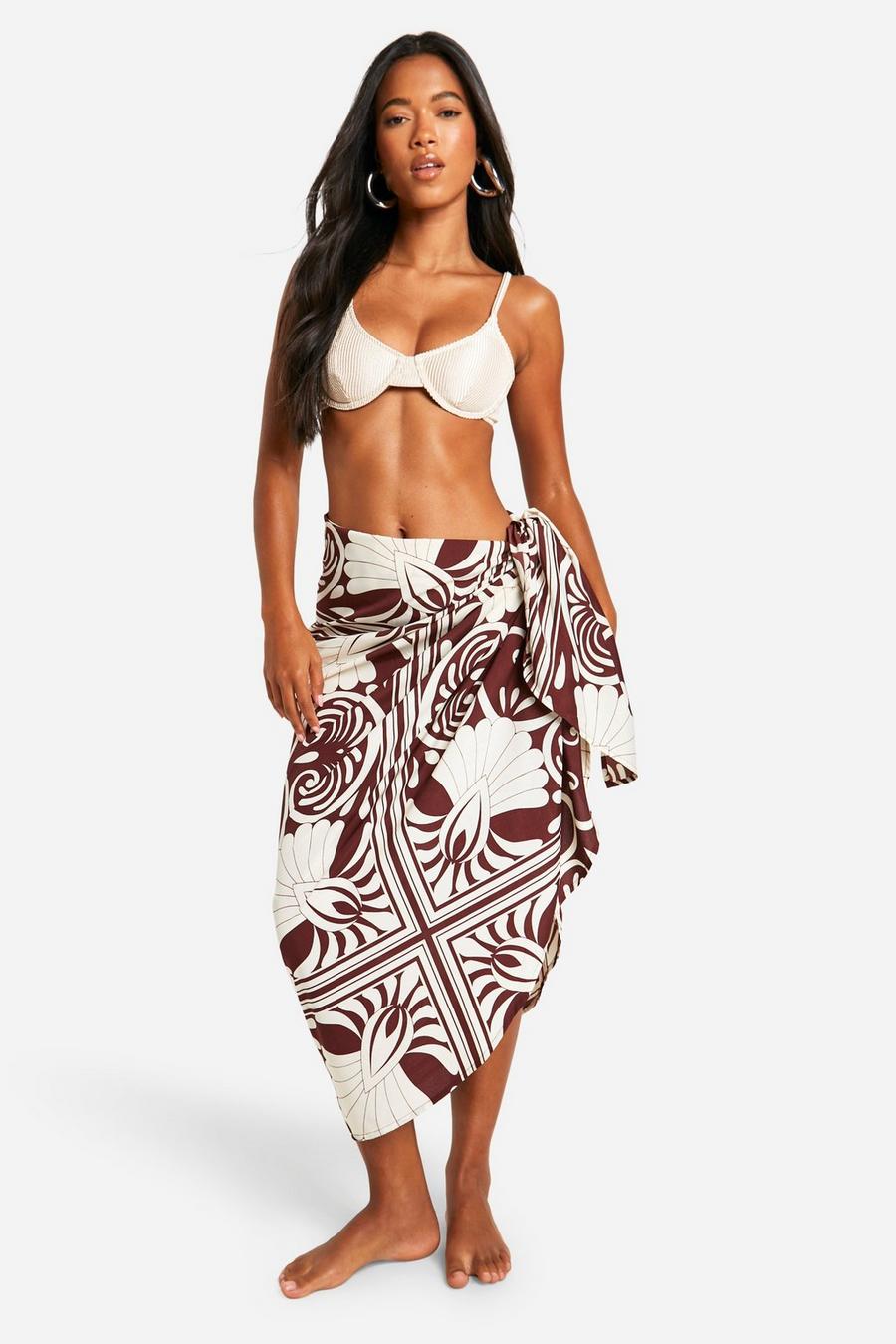 Abstract Wrap Tie Beach Maxi Skirt , Dark brown