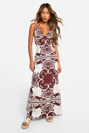 Abstract Split Double Strap Maxi Dress dark brown