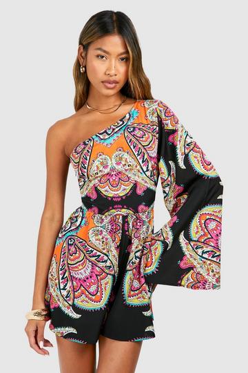 Paisley One Shoulder Playsuit black