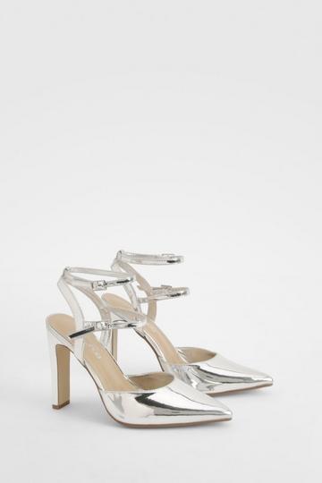 Silver Metallic Patent Double Strap Court Heels