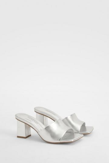 Silver Wide Fit Low Block Heeled Mules