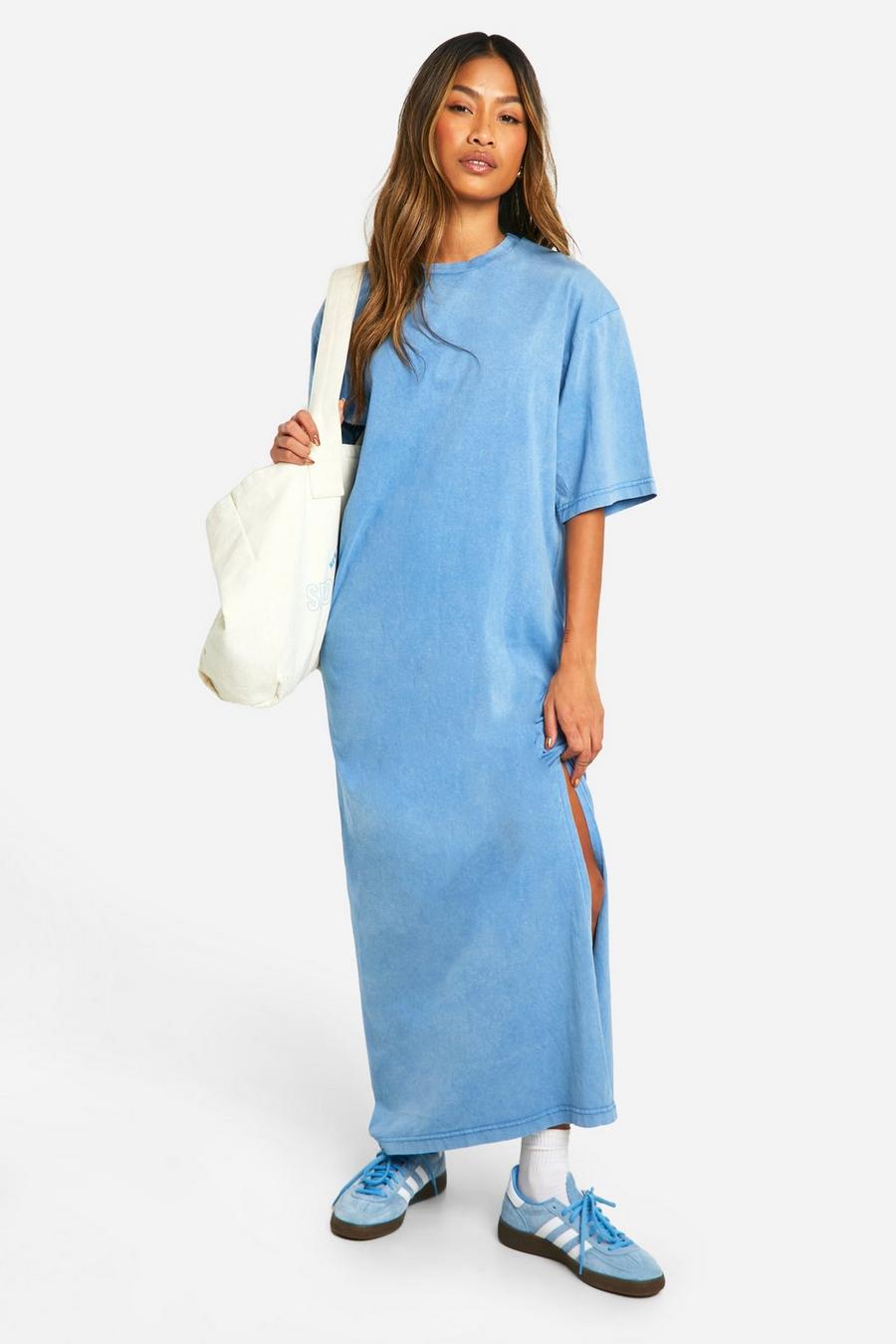 Blue Acid Wash Shoulder Pad Maxi T-shirt Dress