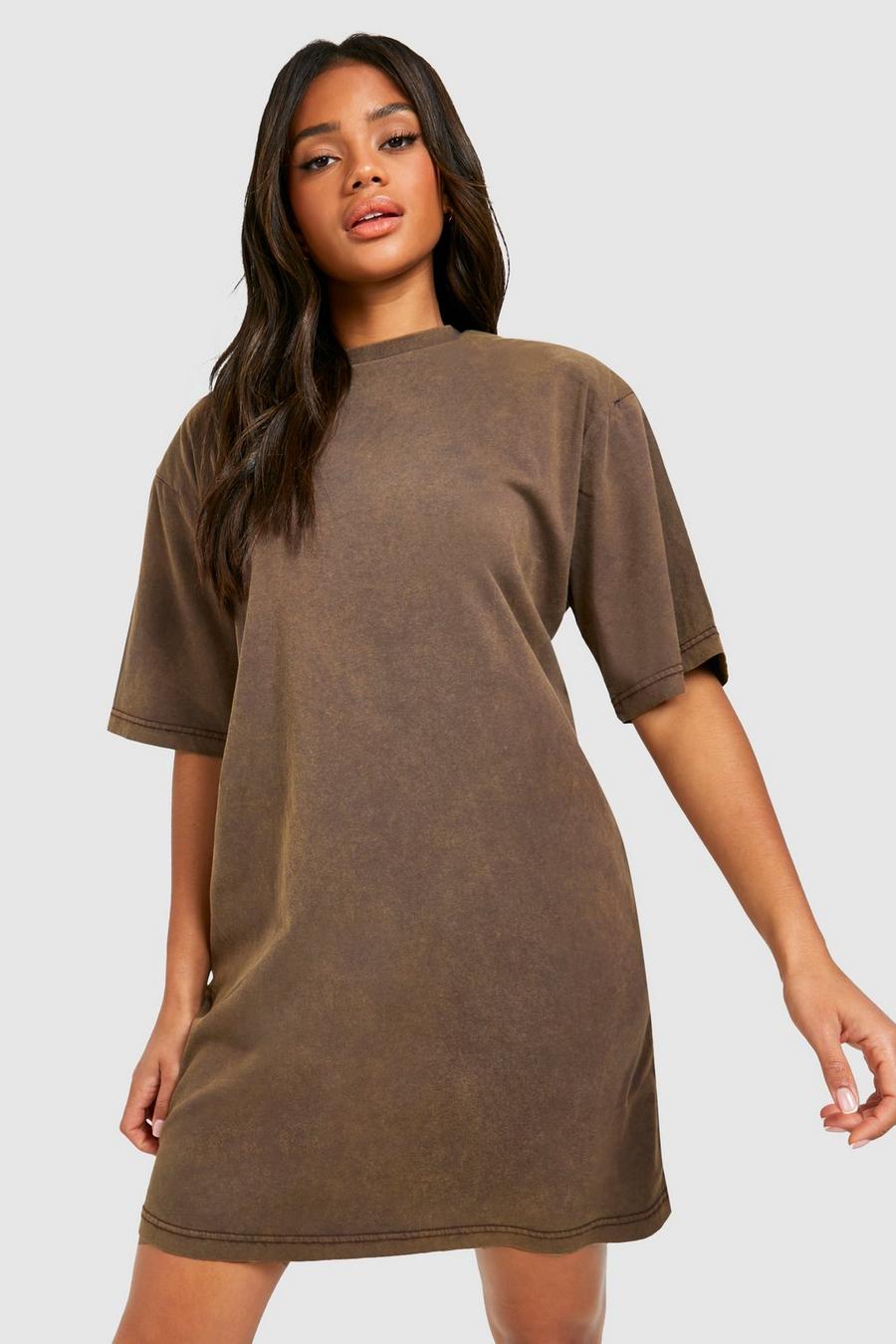 Chocolate Acid Wash Shoulder Pad T-shirt Dress image number 1