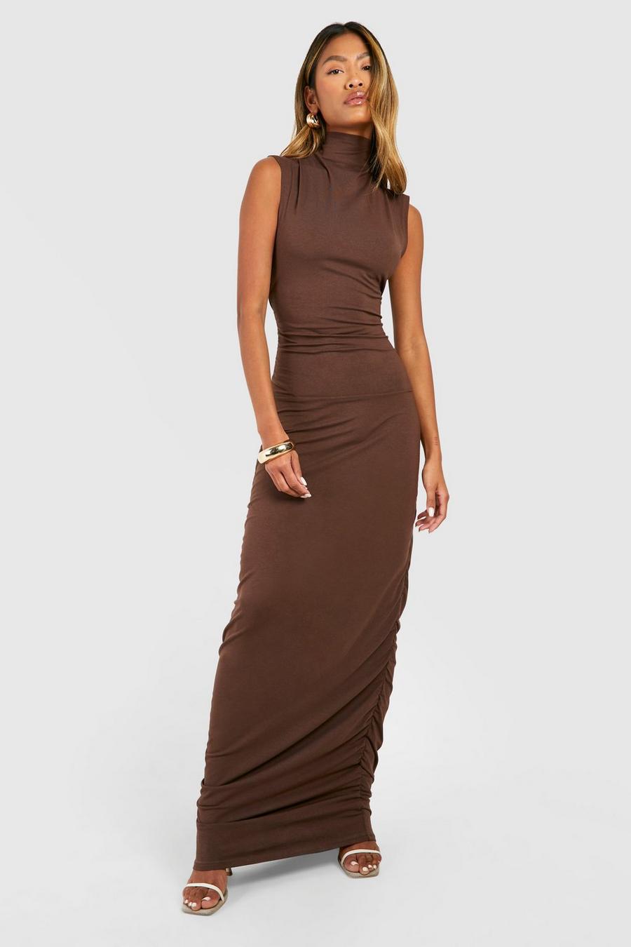 Chocolate Premium Super Soft Funnel Neck Ruched Maxi Dress image number 1