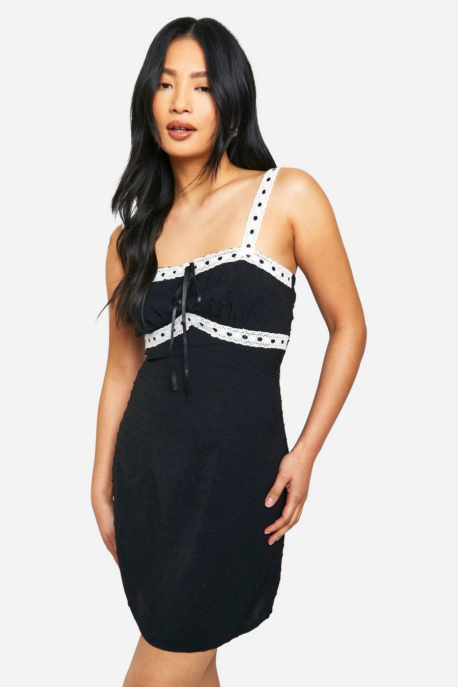 Black Petite Textured Woven Lace Trim Mini Dress  image number 1