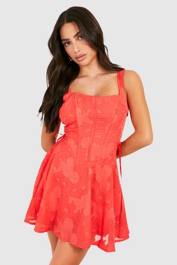 Petite Burnout Floral Corset Skater Dress tomato red