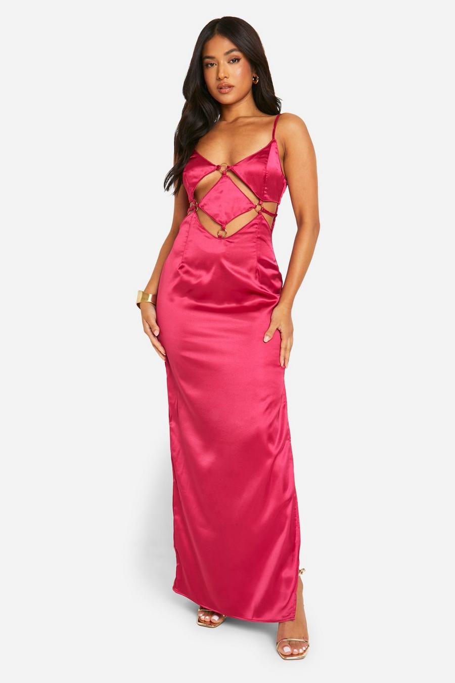 Hot pink Petite Satin Strappy Cut Out Maxi Slip Dress