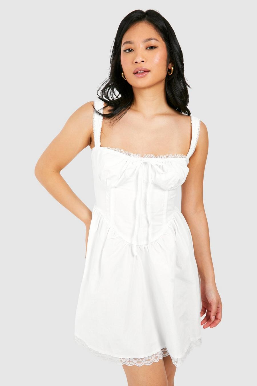 White Petite Miniklänning i bomullstyg med smala axelband image number 1