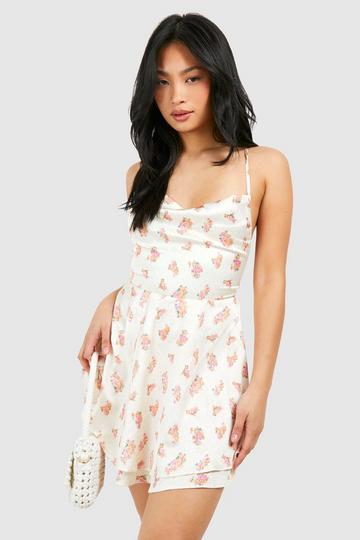 Petite Floral Satin Double Hem Skater Dress pink