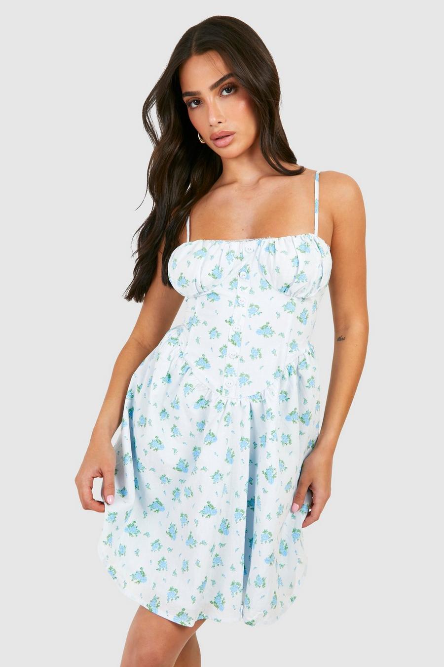 Blue Petite Ditsy Floral Strappy Milkmaid Mini Dress image number 1