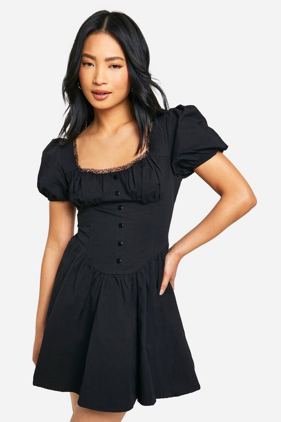 Black Petite Cotton Puff Sleeve Milkmaid Mini Dress image number 1