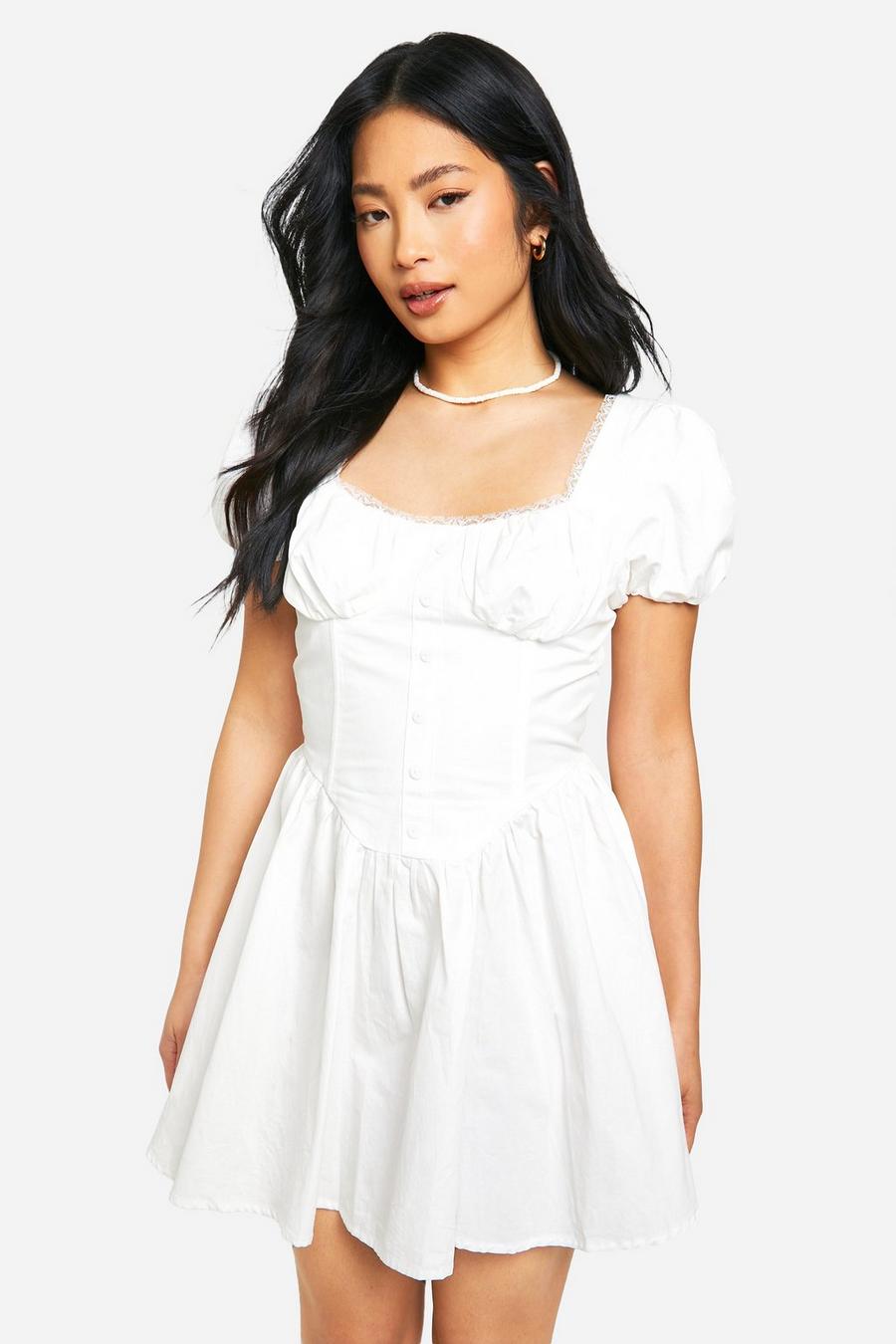 White Petite Cotton Puff Sleeve Milkmaid Mini Dress image number 1