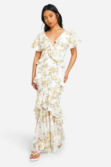 Petite Bloemenprint Maxi Jurk Met Ruches En Textuur yellow