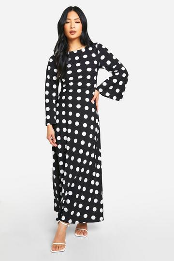 Petite Polkadot Print Flare Sleeve Maxi Dress black