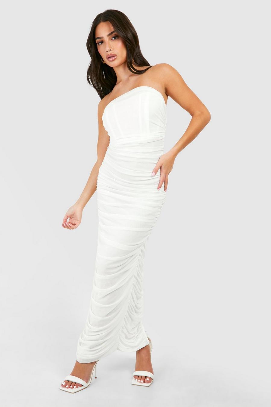 White Petite Mesh Bandeau Ruched Maxi Dress image number 1
