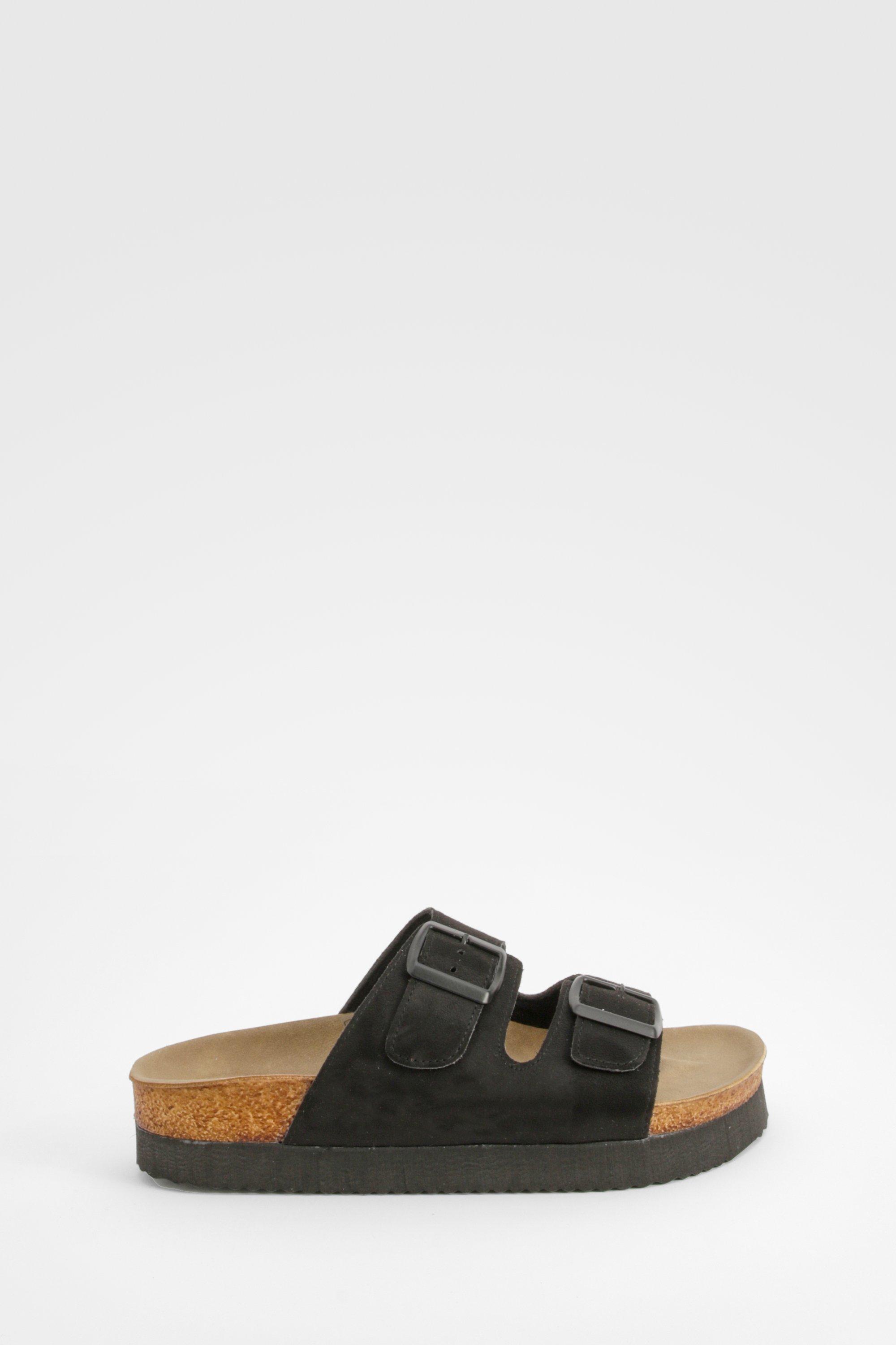 Boohoo Women s Wide Fit Platform Double Buckle Footbed Slider Black