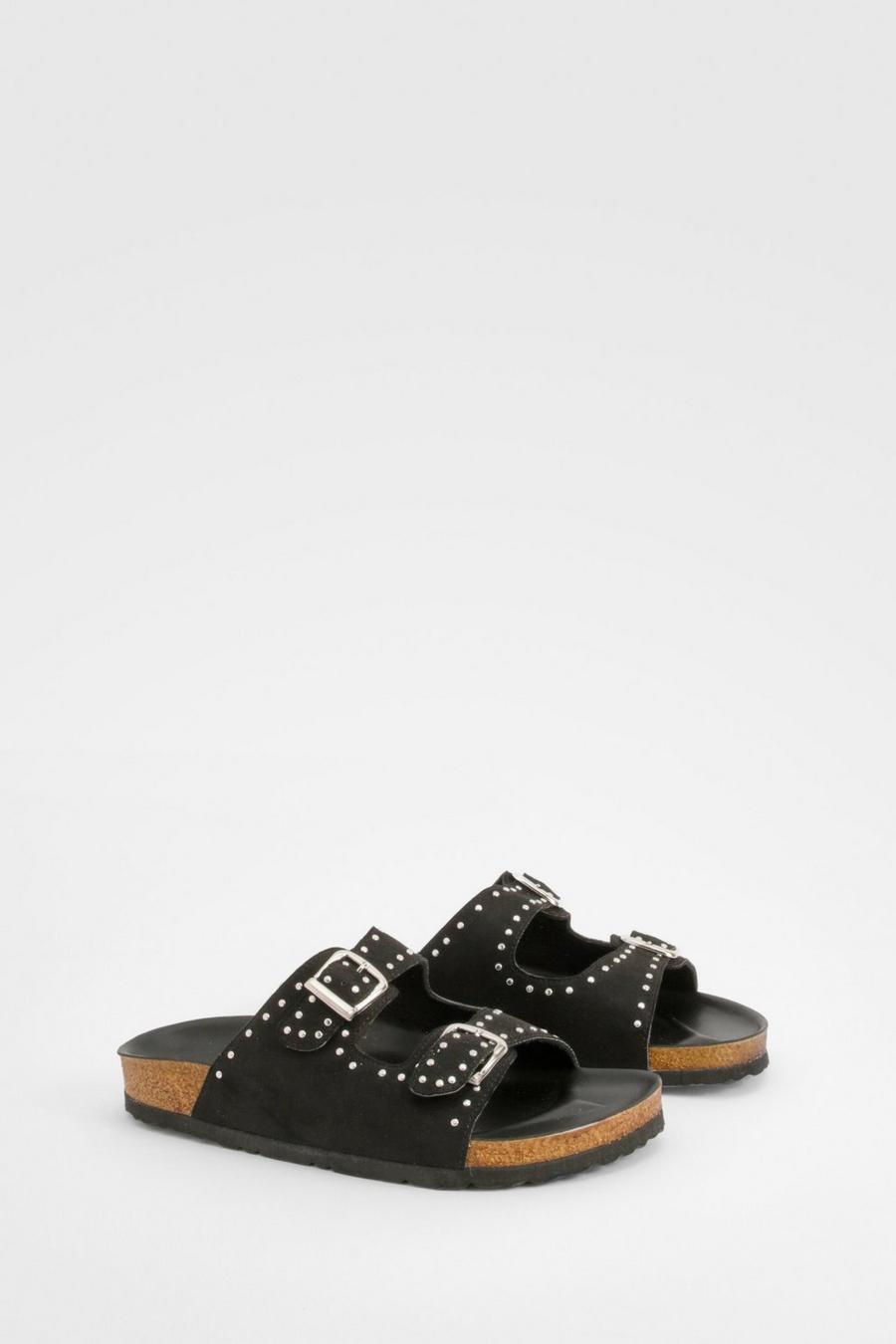Black Wide Fit Studded Double Buckle Footbed Sliders