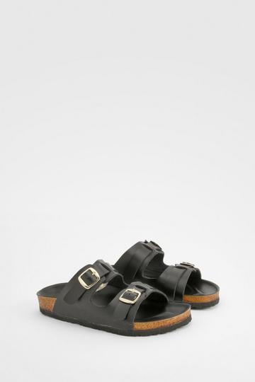 Wide Fit Buckle Detail Footbed Sliders black