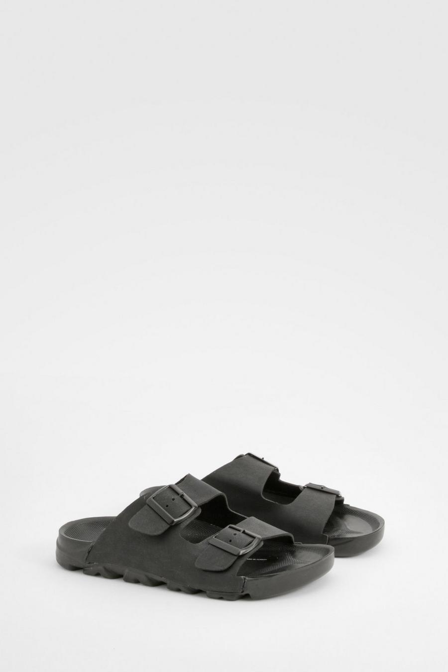 Black Wide Fit Double Buckle Footbed Sliders