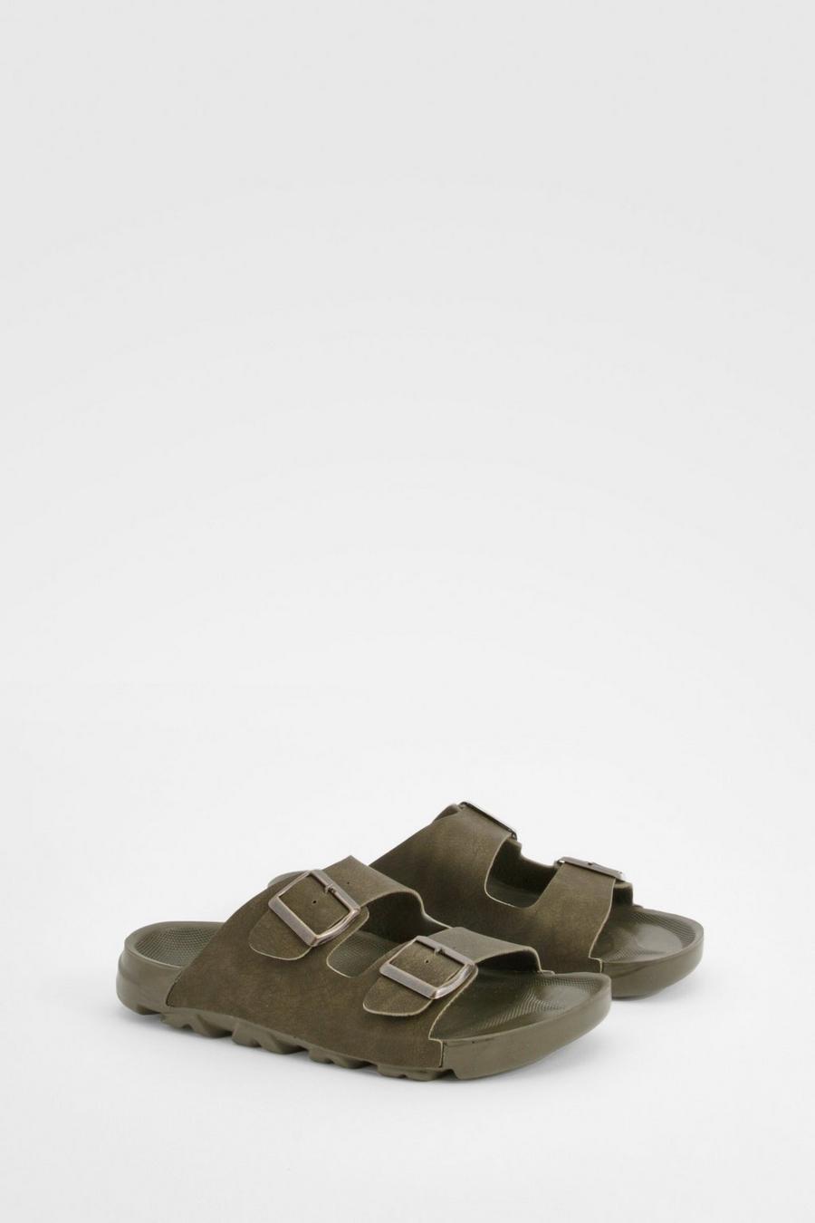 Khaki Wide Fit Double Buckle Footbed Sliders 