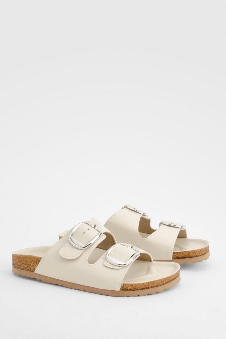 White Oversized Buckle Footbed Sliders 