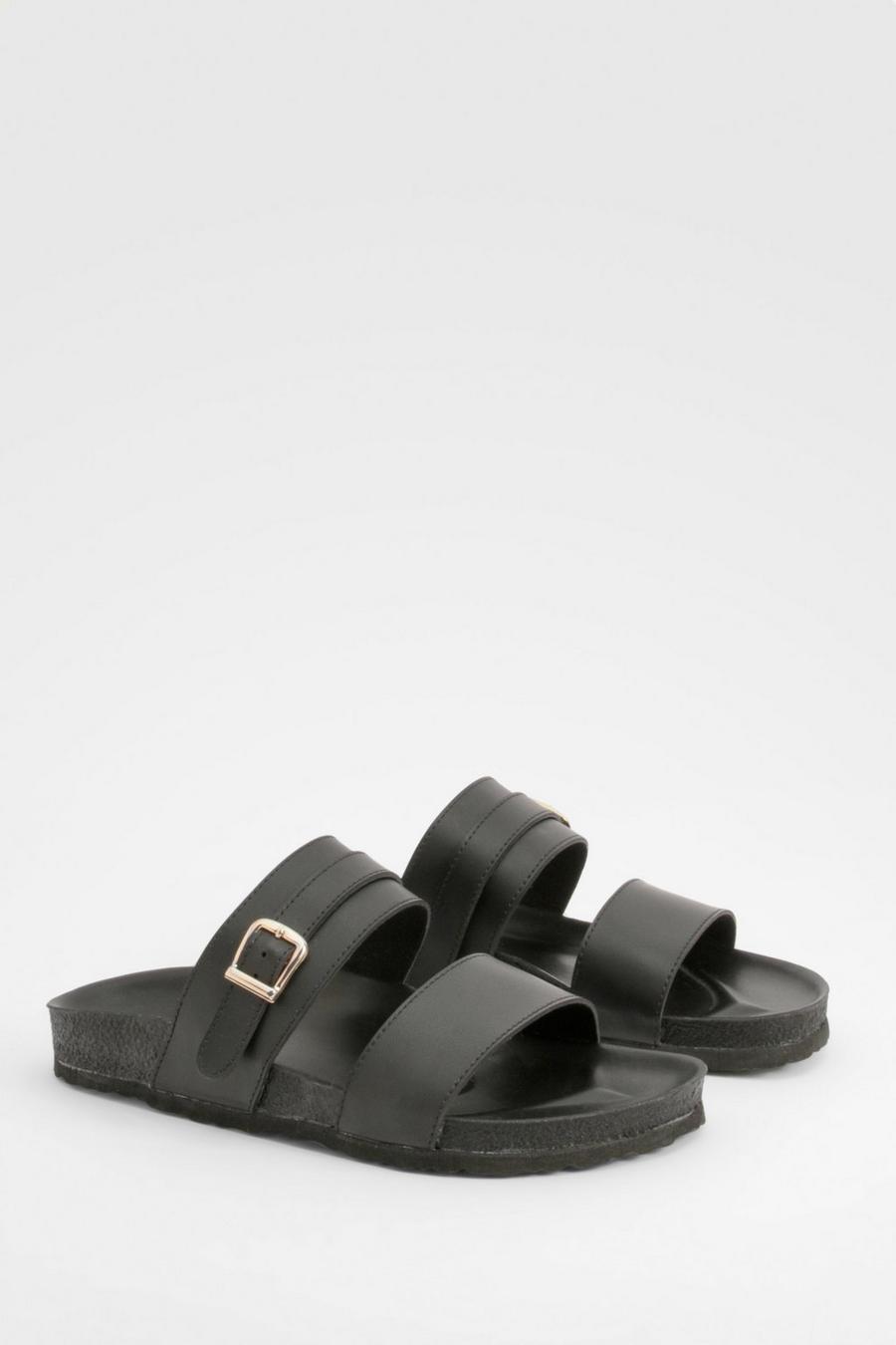 Black Wide Fit Double Strap Footbed Sliders
