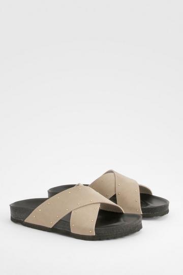 Wide Fit Cross Strap Studded Footbed Sliders taupe