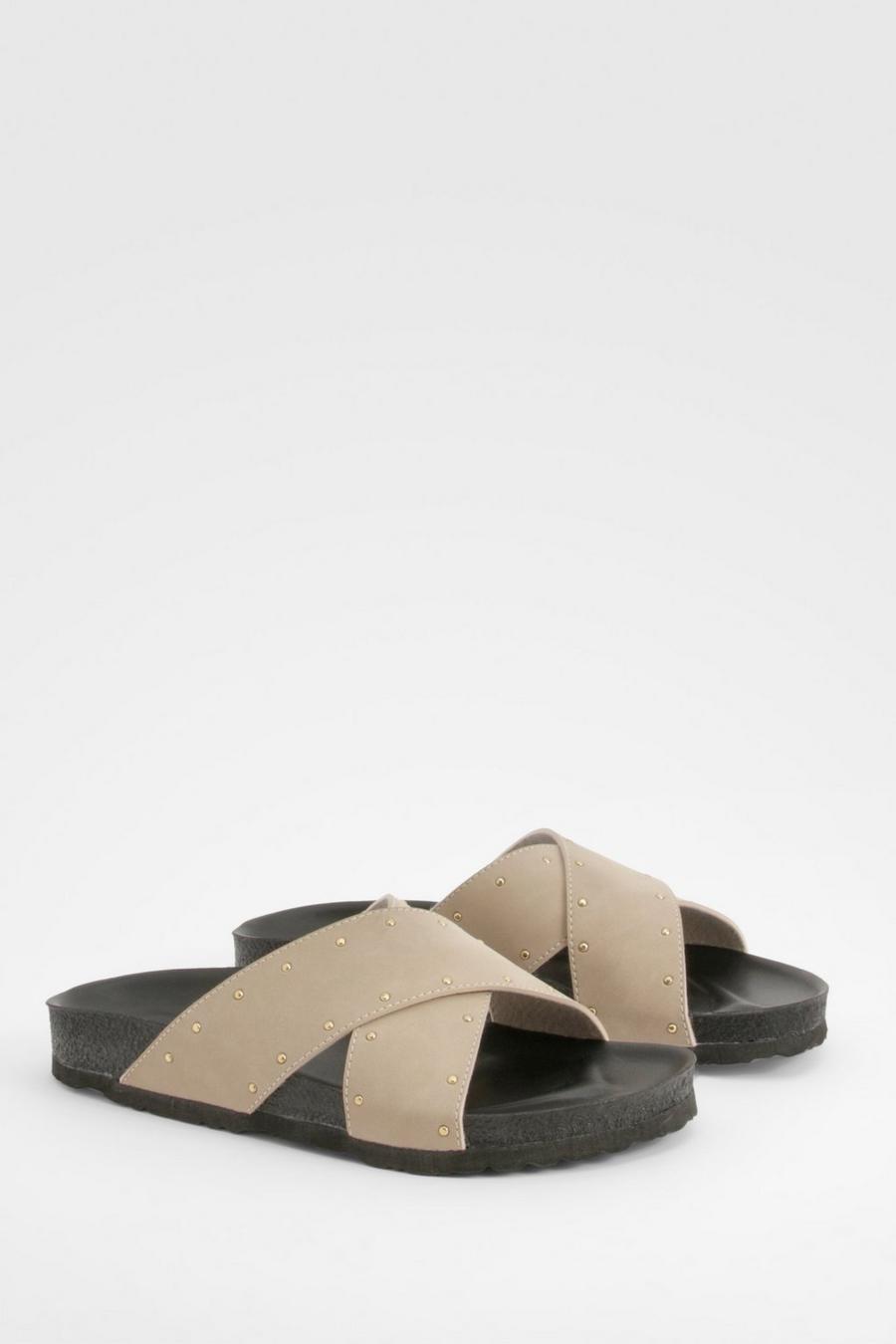 Taupe Wide Fit Cross Strap Studded Footbed Sliders   