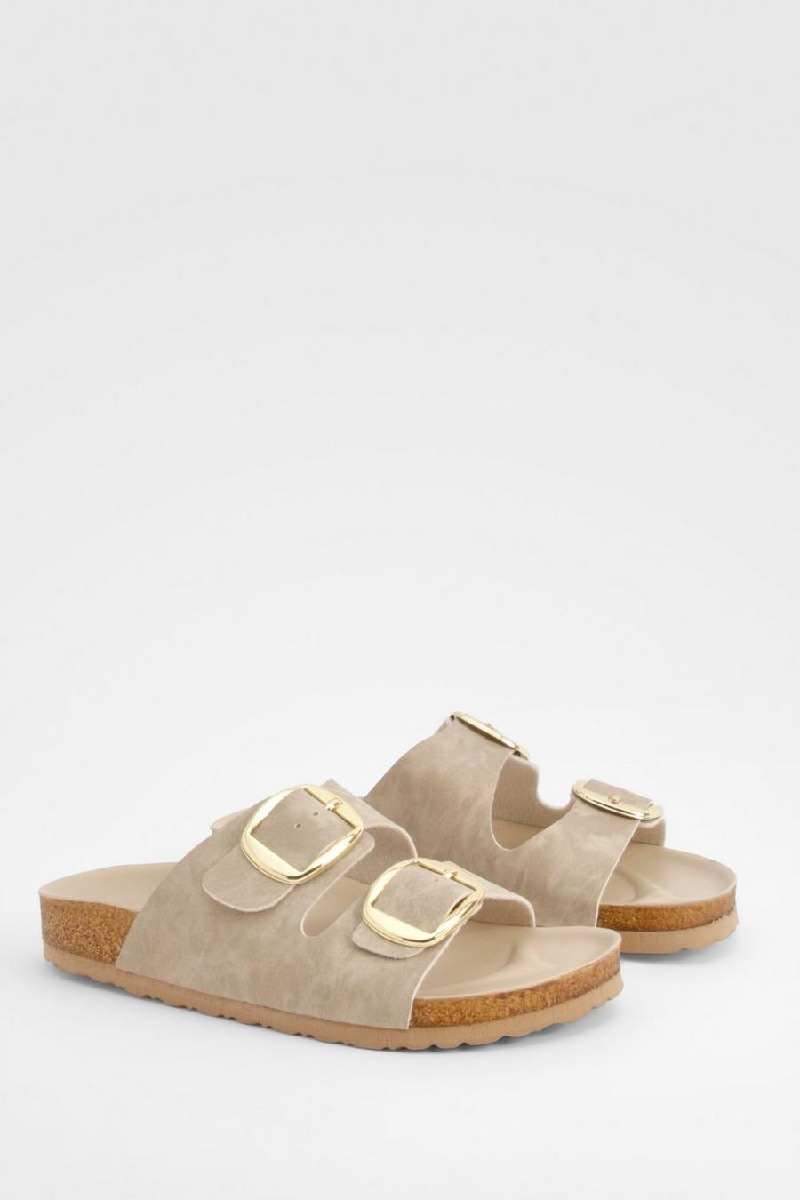 Taupe Wide Fit Oversized Buckle Double Strap Footbed Sliders     image number 1