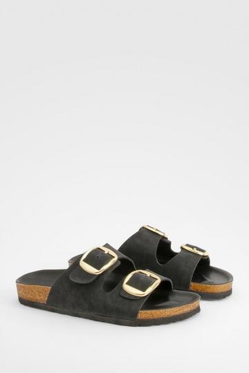 Wide Fit Oversized Buckle Double Strap Footbed Sliders black