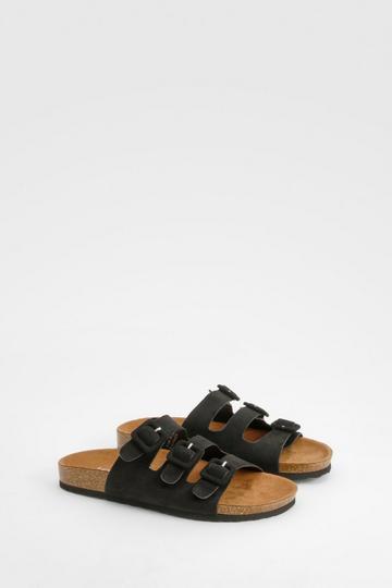 Black Wide Fit Triple Strap Footbed Sliders