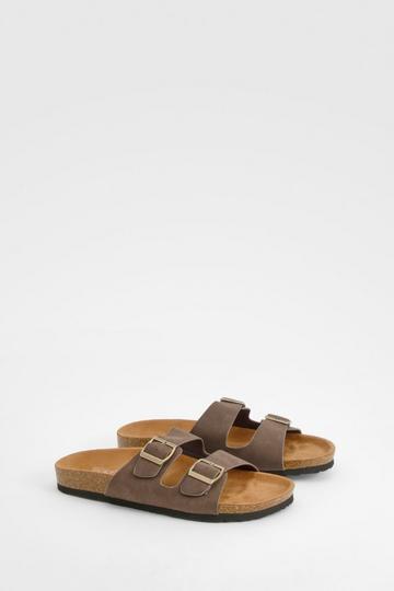 Wide Fit Double Buckle Strap Footbed Sliders chocolate