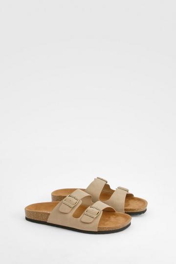 Wide Fit Double Buckle Strap Footbed Sliders taupe