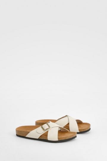 Wide Fit Cross Over Buckle Footbed Sliders ecru