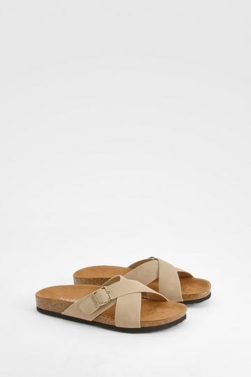 Wide Fit Cross Over Buckle Footbed Sliders taupe