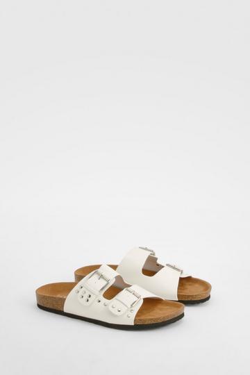 Wide Fit Stud And Buckle Detail Footbed Sliders white