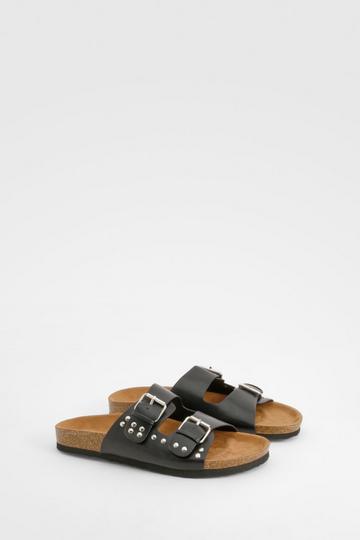 Wide Fit Stud And Buckle Detail Footbed Sliders black